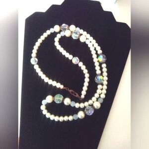 Faux Pearl And‎ Aurora Borealis Crystal Necklace Long 34" Vintage Style